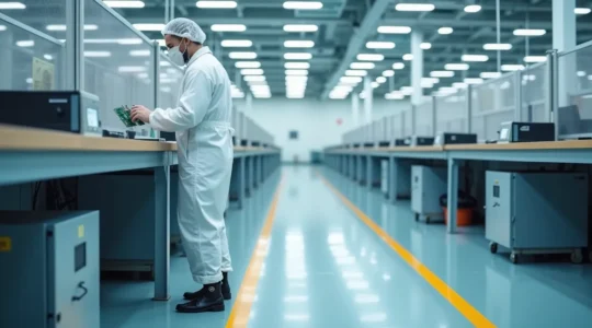 Electrostatic Protected Area with grounded personnel handling sensitive medical device components in controlled manufacturing environment