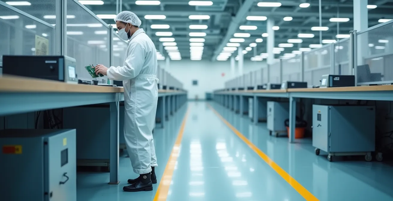 Electrostatic Protected Area with grounded personnel handling sensitive medical device components in controlled manufacturing environment