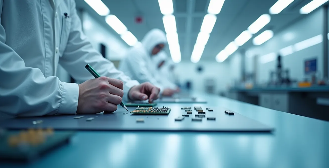 Cross-section of miniaturized wearable medical device showing layered electronics and miniaturized components with visible complexity and sensitivity