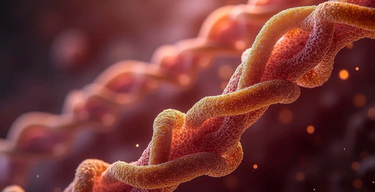 Close-up view of tight junction proteins connecting intestinal cells