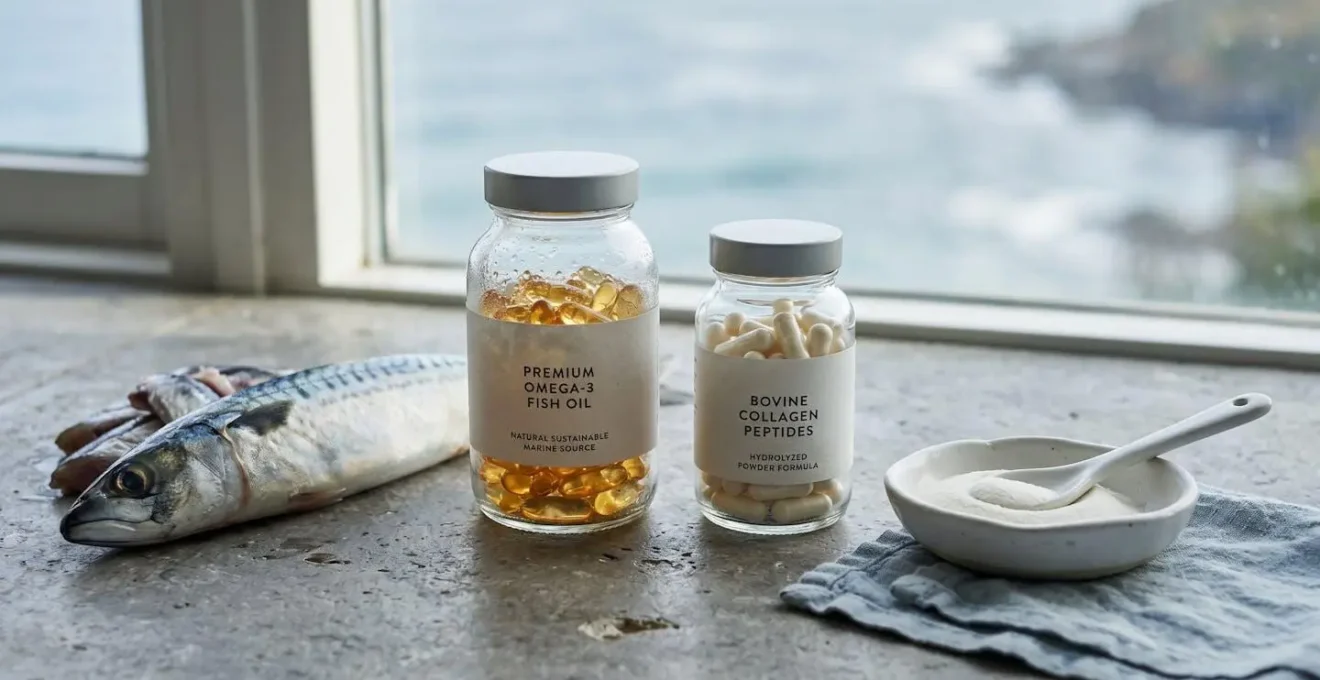 Glass bottles of omega-3 softgels and marine collagen capsules arranged on limestone surface beside fresh mackerel, with ceramic dish of collagen powder and soft-focus coastal seascape in background