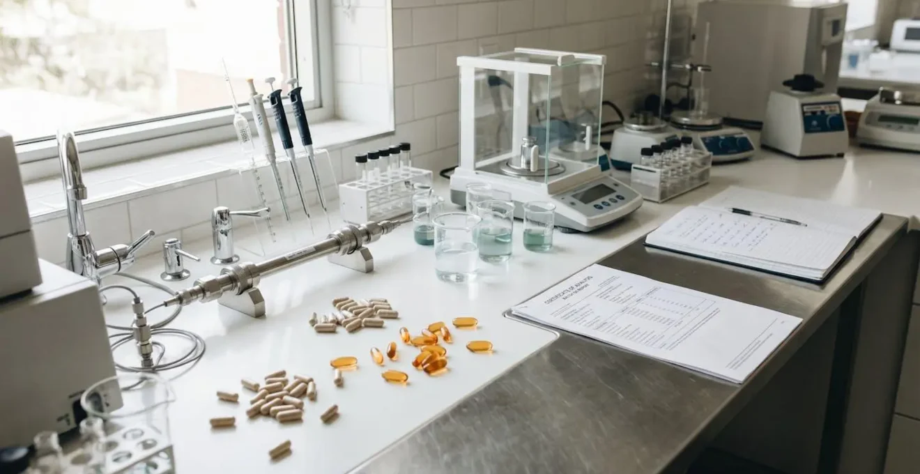 Pharmaceutical laboratory workstation showing supplement capsules, analytical testing equipment including HPLC column and pipettes, Certificate of Analysis documentation, and liquid samples on white ceramic surface under natural daylight