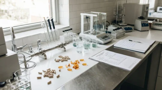 Pharmaceutical laboratory workstation showing supplement capsules, analytical testing equipment including HPLC column and pipettes, Certificate of Analysis documentation, and liquid samples on white ceramic surface under natural daylight
