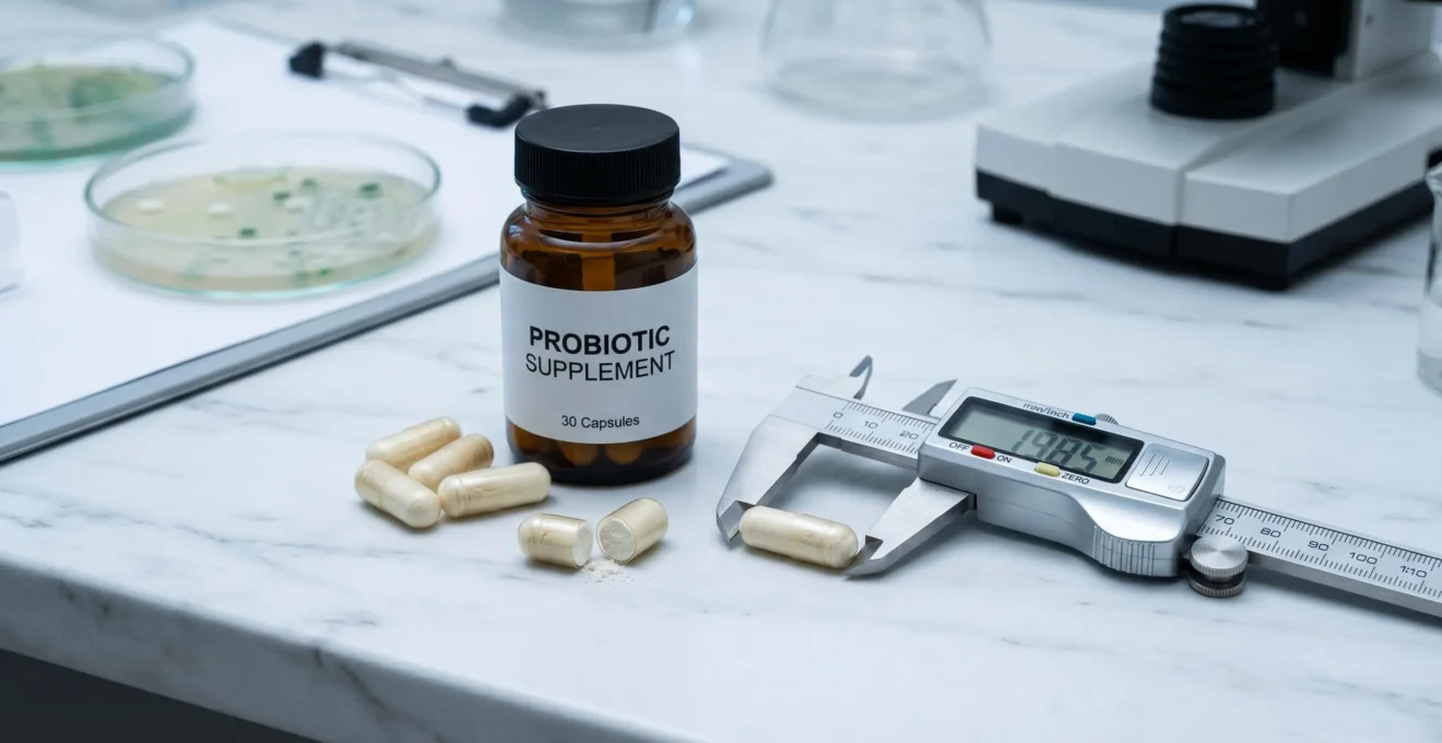 Amber probiotic bottle with enteric-coated capsules on white marble surface, cross-section capsule showing dual-layer coating and probiotic powder core, digital calipers measuring capsule, petri dish with bacterial culture in background