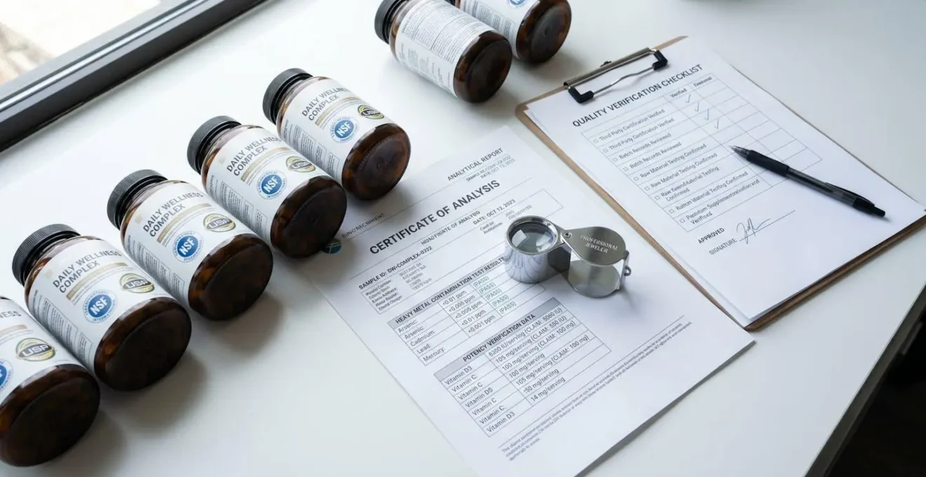 Supplement bottles with NSF International and USP Verified certification seals on white desk, magnifying loupe examining Certificate of Analysis laboratory report showing test results, quality checklist on clipboard