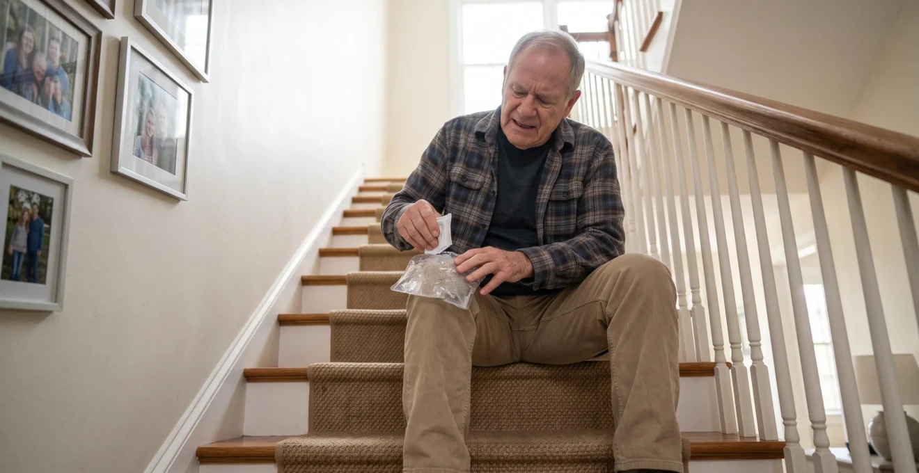 A senior man grips the handrail while slowly descending a staircase, resting one hand on his knee.