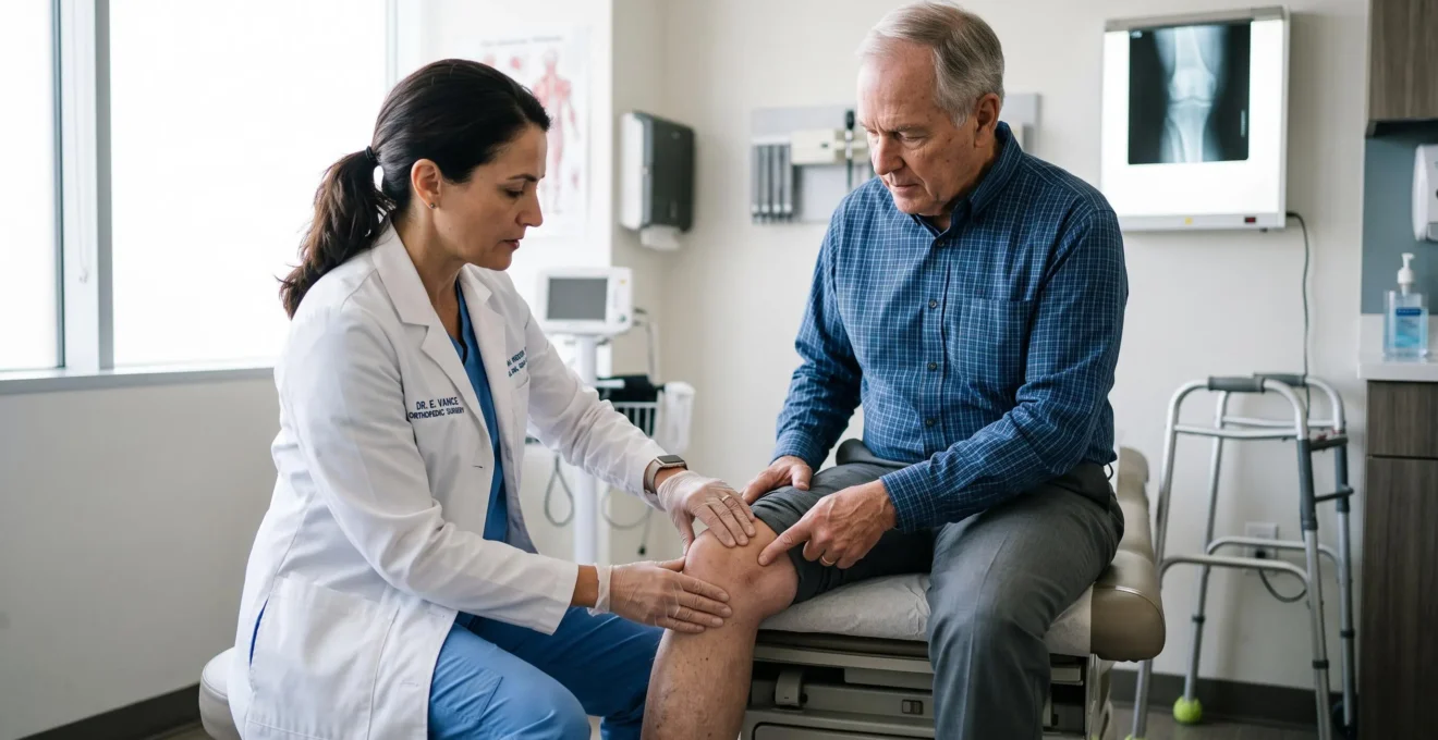 An orthopedic surgeon examines the knee of a seated senior patient in a clinic examination room.