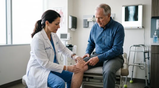 An orthopedic surgeon examines the knee of a seated senior patient in a clinic examination room.