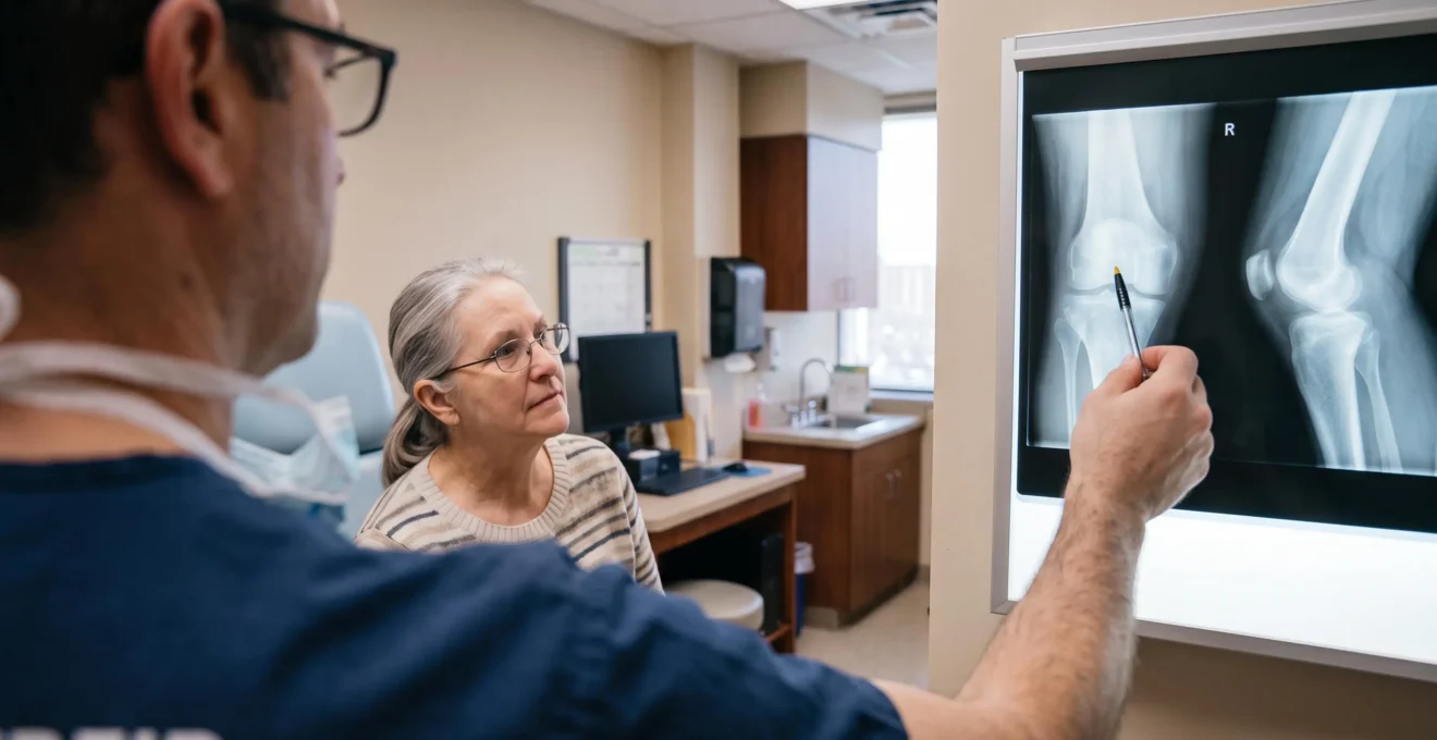 A surgeon points at a knee X-ray film on a light panel while an adult patient watches attentively.