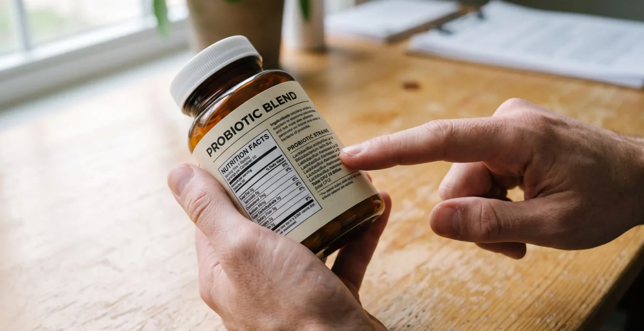 Close-up of hands pointing at strain information on a supplement label.