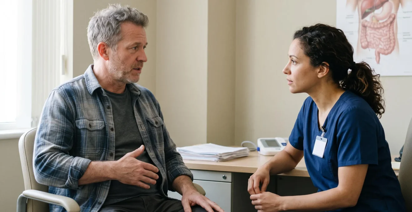 A man discusses digestive symptoms with a doctor in a consultation room.