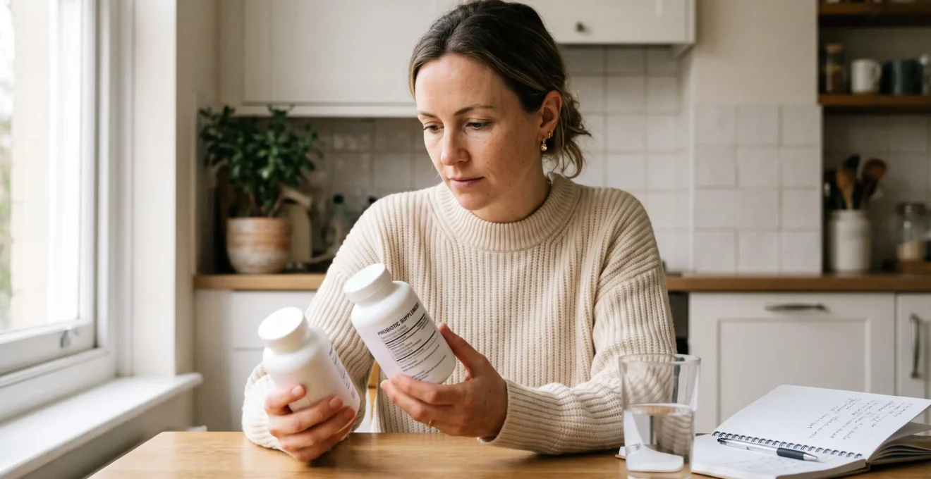 A woman compares two probiotic supplement bottles at a kitchen table.