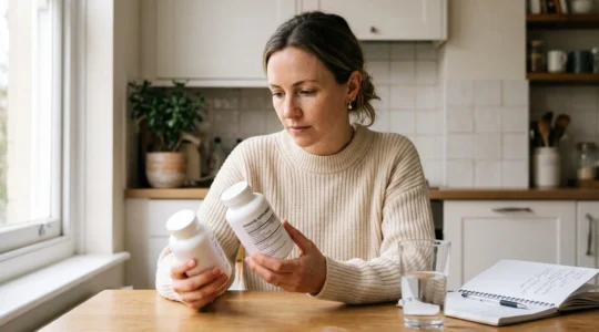 A woman compares two probiotic supplement bottles at a kitchen table.